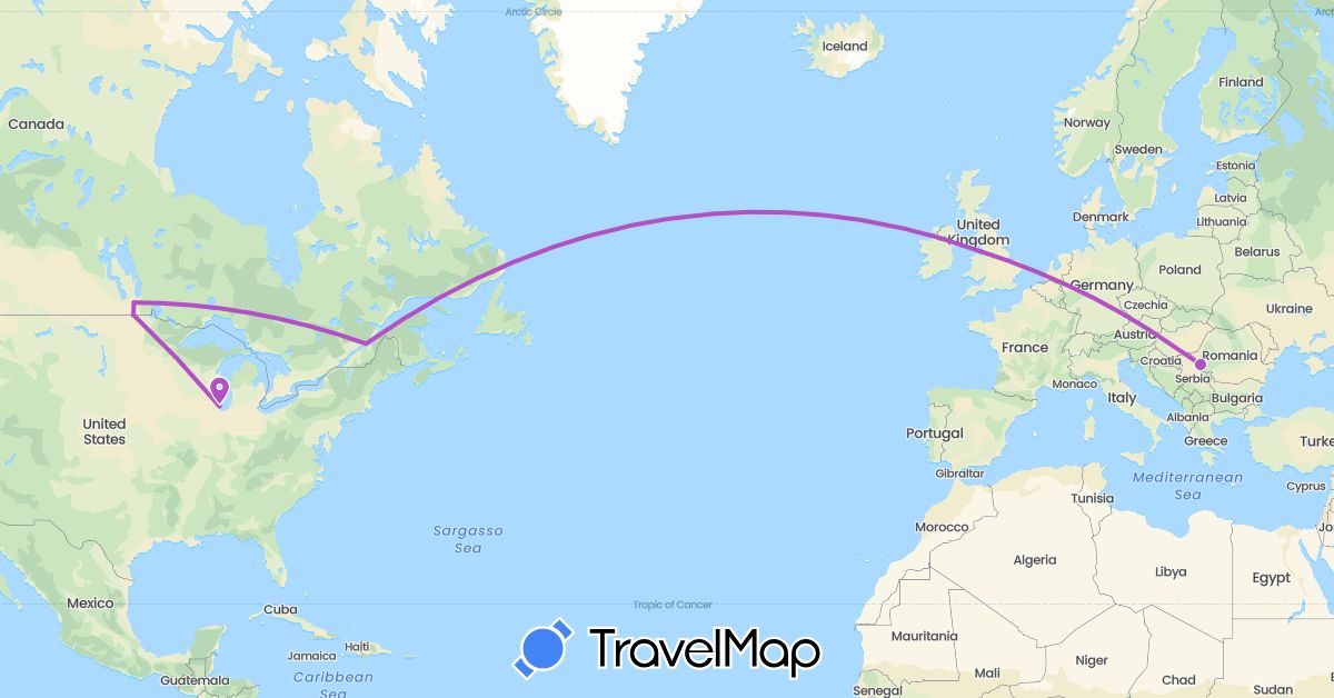 TravelMap itinerary: driving, train in Canada, United Kingdom, Romania, United States (Europe, North America)
